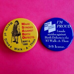 2 Vintage MARCH OF DIMES Walk-A-Thon Pin Buttons